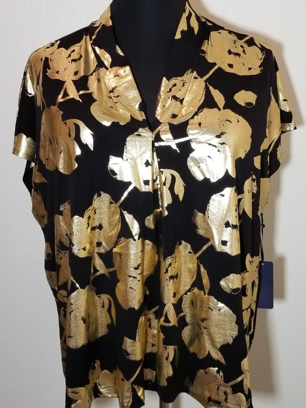 Rachel Roy Womens 2X Blouse Black Gold Floral Business Party Retro City NWT